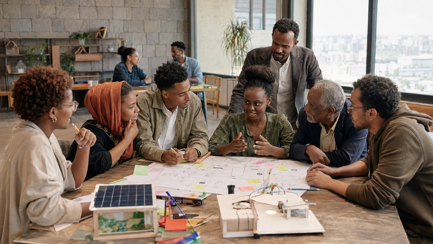 Community members planning technology, skills, and enterprise together